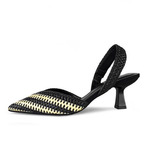 Pointed toe straw black women's mid-heeled sandals