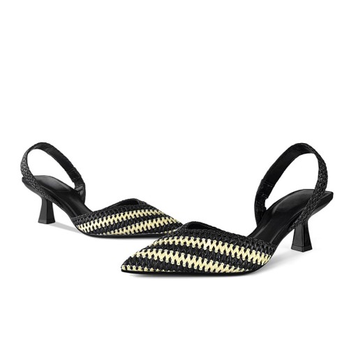 Pointed toe straw black women's mid-heeled sandals