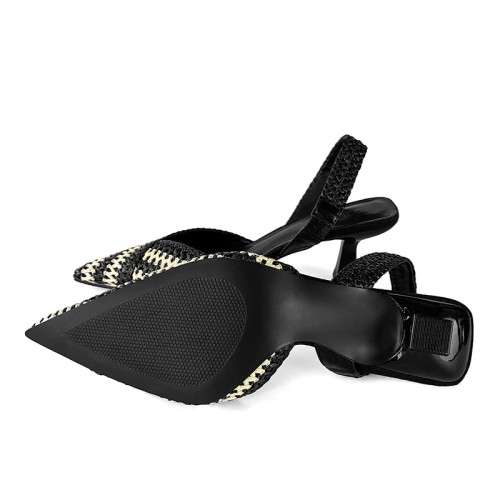 Pointed toe straw black women's mid-heeled sandals