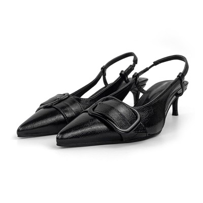 Fashionable black leather women's mid-heeled sandals