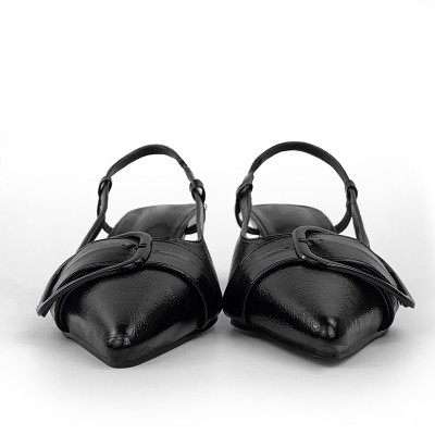 Fashionable black leather women's mid-heeled sandals