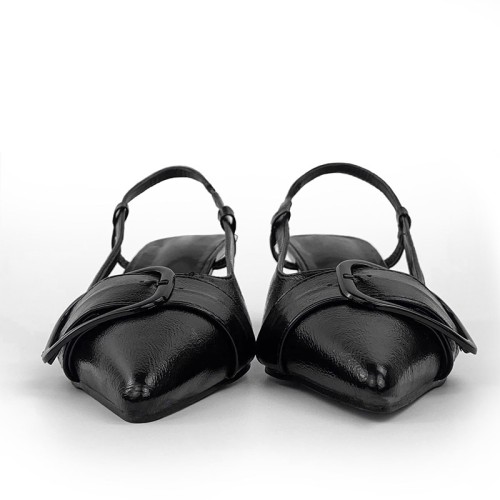 Fashionable black leather women's mid-heeled sandals