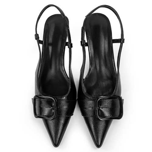 Fashionable black leather women's mid-heeled sandals
