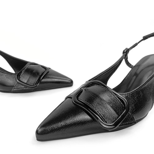 Fashionable black leather women's mid-heeled sandals