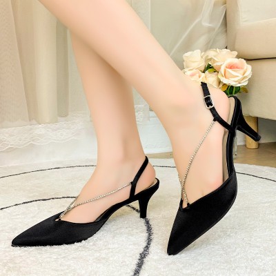 Exquisite metal chain embellished women's mid-heel sandals
