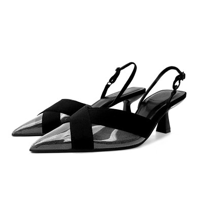 Patchwork style pointed toe women's mid-heel sandals