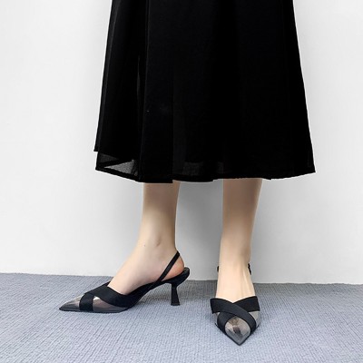 Patchwork style pointed toe women's mid-heel sandals