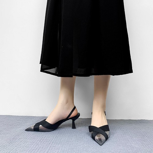 Patchwork style pointed toe women's mid-heel sandals