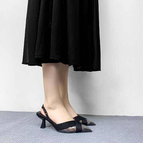 Patchwork style pointed toe women's mid-heel sandals