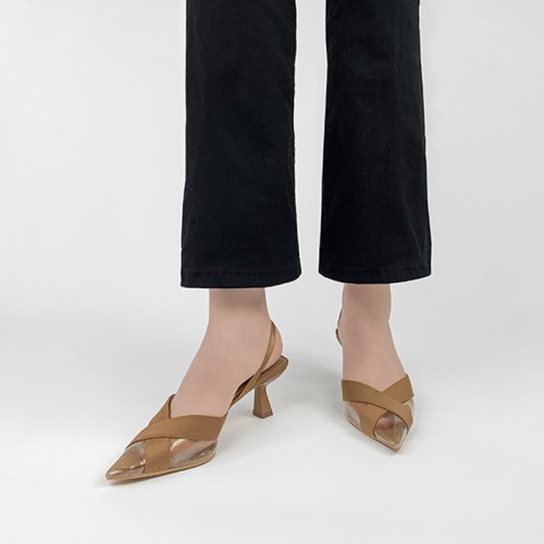 Patchwork style pointed toe women's mid-heel sandals