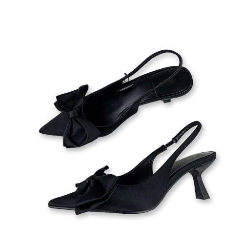 Black bow-decorated women's mid-heeled sandals