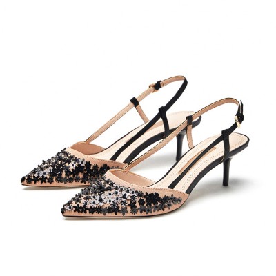Luxurious petal sequin women's mid-heeled sandals