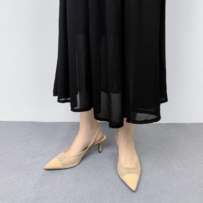 Women's hollow mesh pointed toe mid-heeled sandals