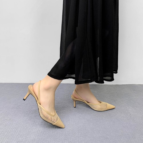 Women's hollow mesh pointed toe mid-heeled sandals