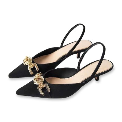 Black metal buckle women's mid-heel sandals