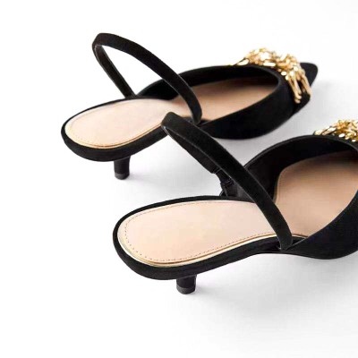 Black metal buckle women's mid-heel sandals