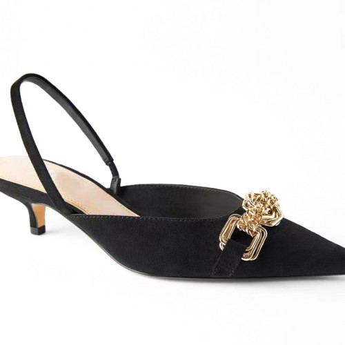 Black metal buckle women's mid-heel sandals