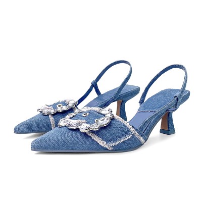 Simple denim pointed toe women's mid-heel sandals