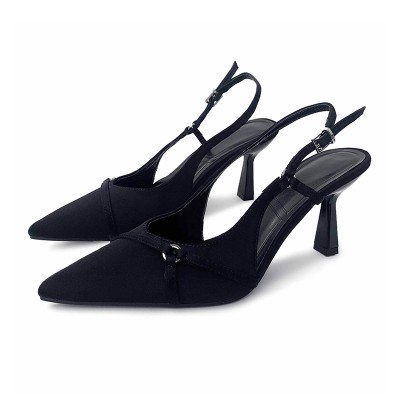 Pointed black luxury women's mid-heel sandals