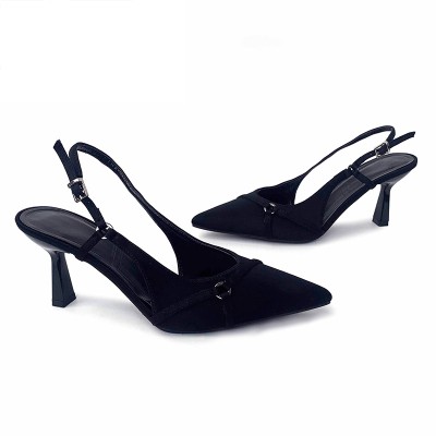 Pointed black luxury women's mid-heel sandals