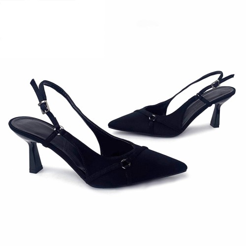 Pointed black luxury women's mid-heel sandals