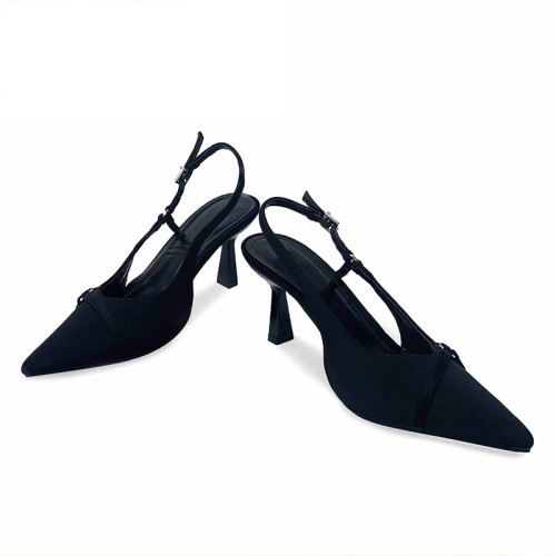 Pointed black luxury women's mid-heel sandals