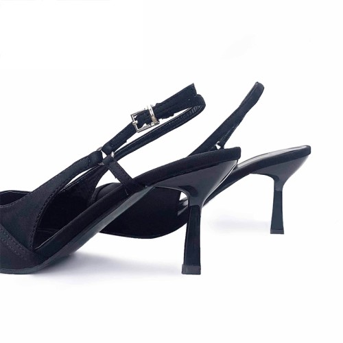 Pointed black luxury women's mid-heel sandals