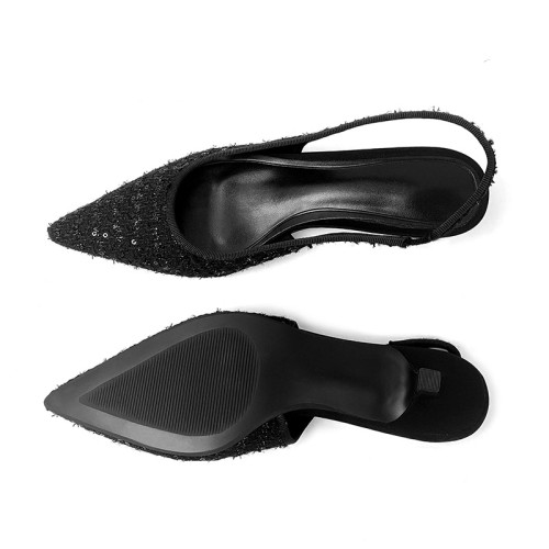 Black pointed sequined women's mid-heel sandals