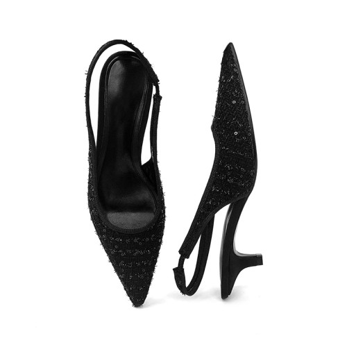 Black pointed sequined women's mid-heel sandals