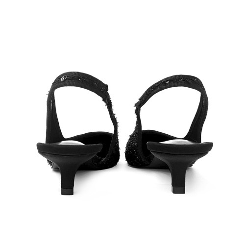 Black pointed sequined women's mid-heel sandals