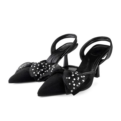Elegant black pointed toe women's mid-heel sandals
