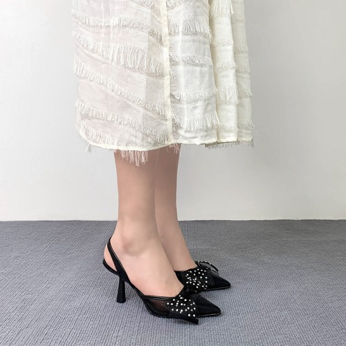 Elegant black pointed toe women's mid-heel sandals