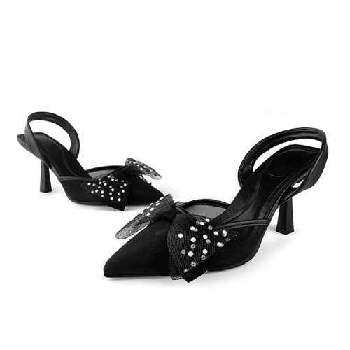 Elegant black pointed toe women's mid-heel sandals