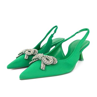 Women's mid-heeled sandals with rhinestone bow