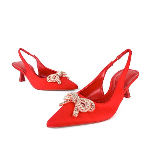 Women's mid-heeled sandals with rhinestone bow