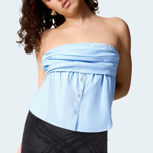 Blue elastic pleated women's sleeveless top