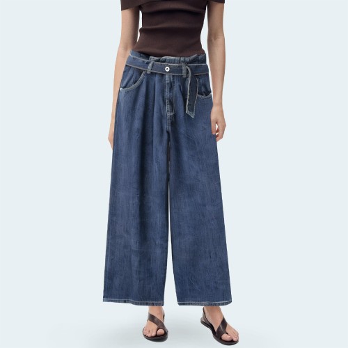 Blue loose belted women's denim trousers
