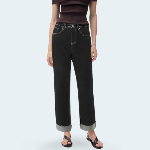 Black straight-leg rolled-hem women's denim trousers