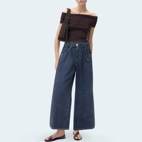 Blue loose belted women's denim trousers