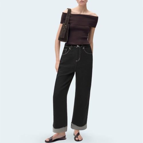 Black straight-leg rolled-hem women's denim trousers