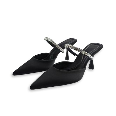 Black rhinestone embellished high-heeled pointed slippers