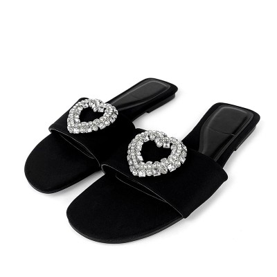Black rhinestone embellished women's flat slippers