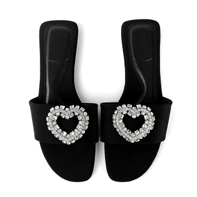Black rhinestone embellished women's flat slippers