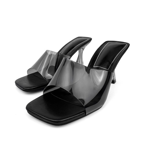 Square toe transparent design high heel open slippers