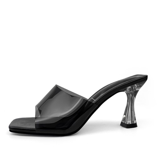 Square toe transparent design high heel open slippers