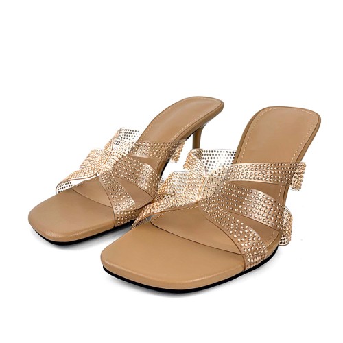 Transparent strap rhinestone high-heeled open slippers