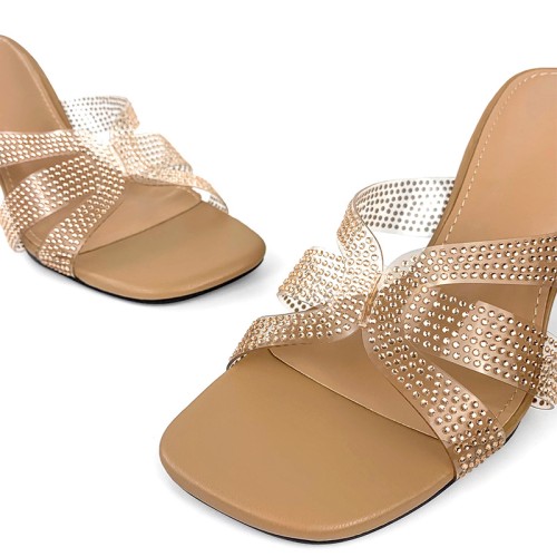Transparent strap rhinestone high-heeled open slippers