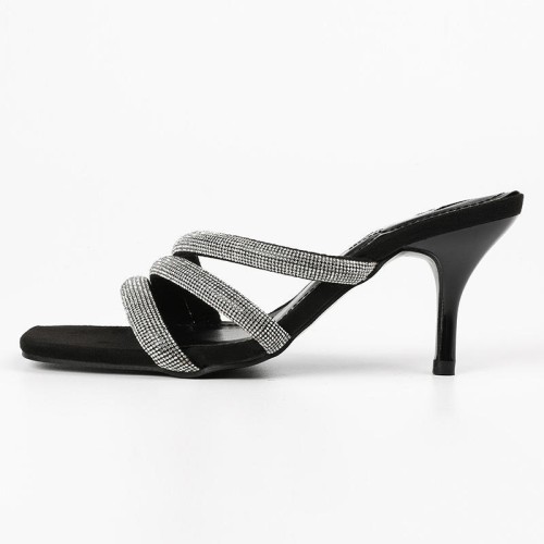 Exquisite black rhinestone high-heeled open slippers