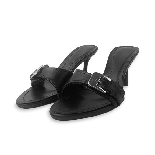 High-heeled open slippers with buckle design