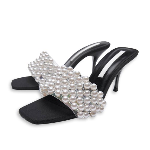 Pearl-embellished black high-heeled open slippers